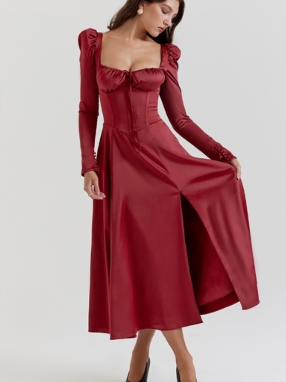 House of CB Burgundy Square-Neck Midi Dress